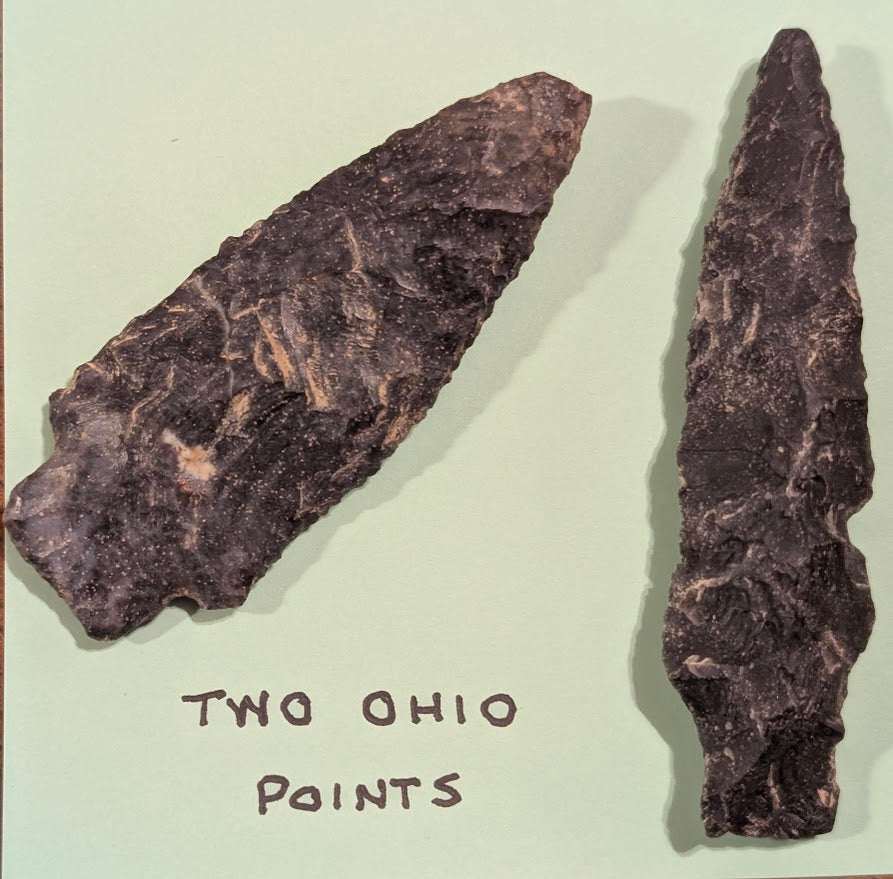 Pair of authentic Ohio chert projectile points with skilled percussion flaking, sharp edges, and natural wear from Native American Archaic-Woodland era
