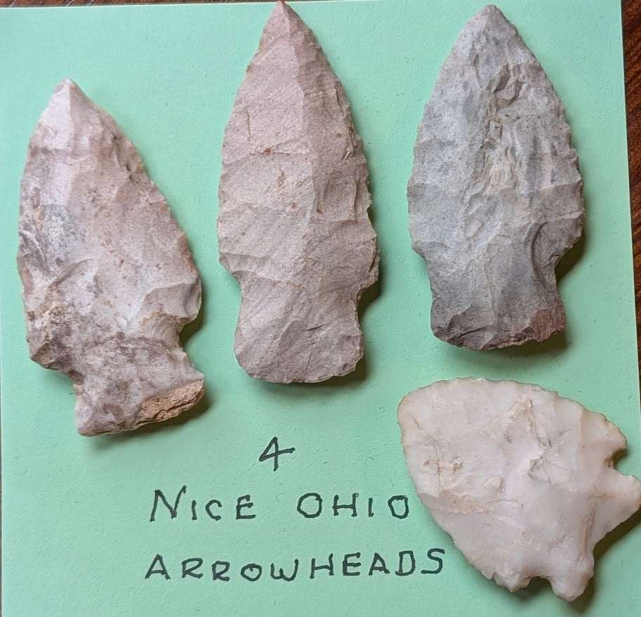 Set of 4 authentic Ohio flint arrowheads with natural patina and varied forms, Native American artifacts