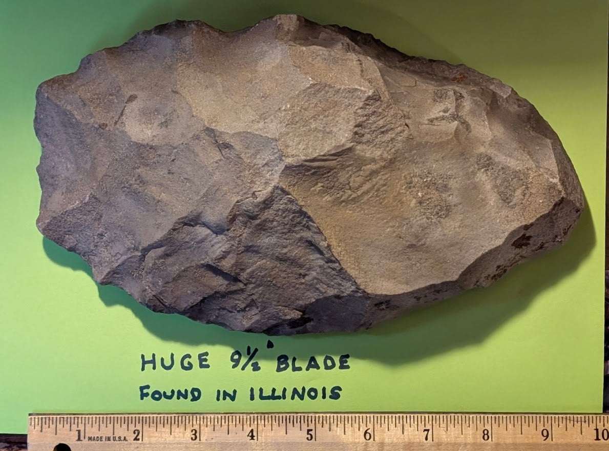 Massive 9.5-inch prehistoric flint blade with flake scars, found in Illinois, Native American artifact