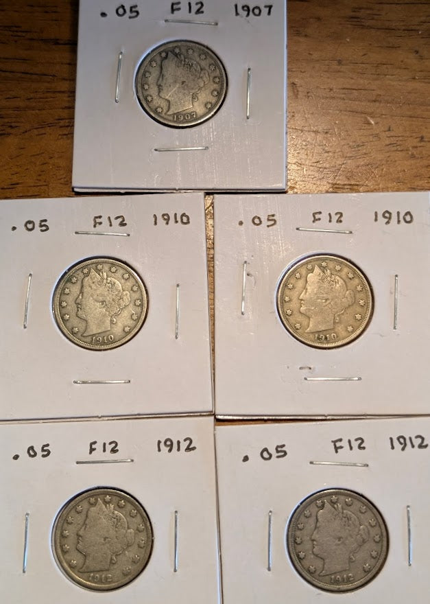 Five 1907-1912 Liberty Head "V" Nickels in 2x2 holders, circulated with clear dates
