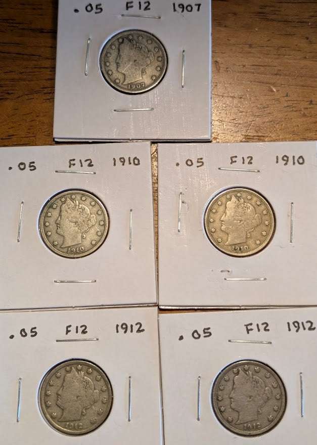 Five 1907-1912 Liberty Head "V" Nickels in 2x2 holders, circulated with clear dates