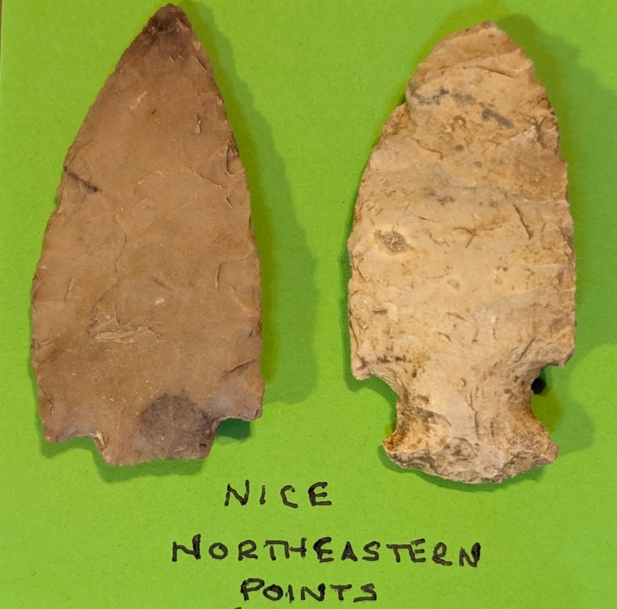 Lot of 2 large Native American arrowheads with distinctive Northeastern design and patina