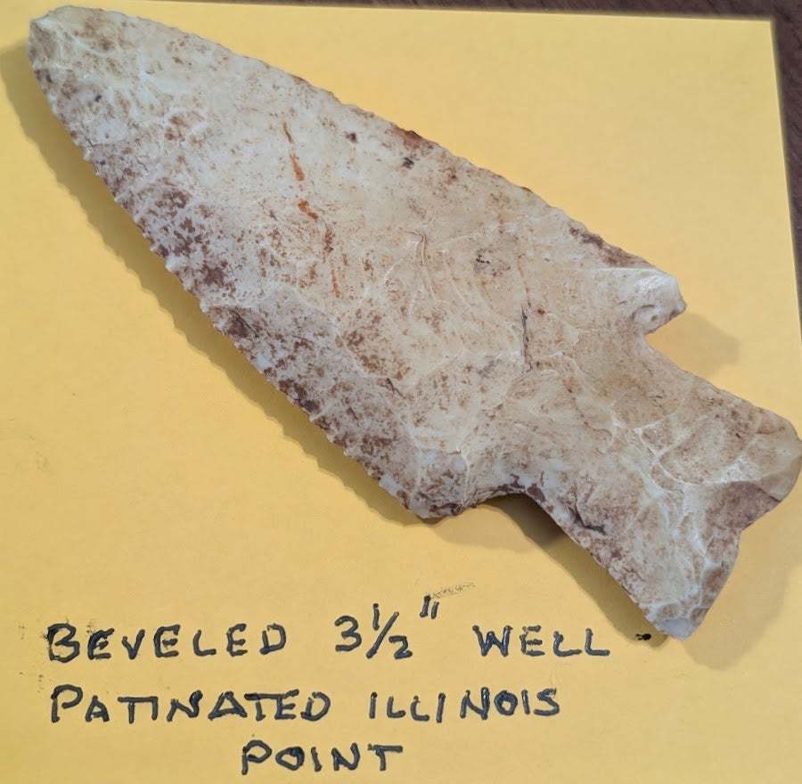 Large 3.5 inch beveled heavily patinated Illinois Native American chert projectile point