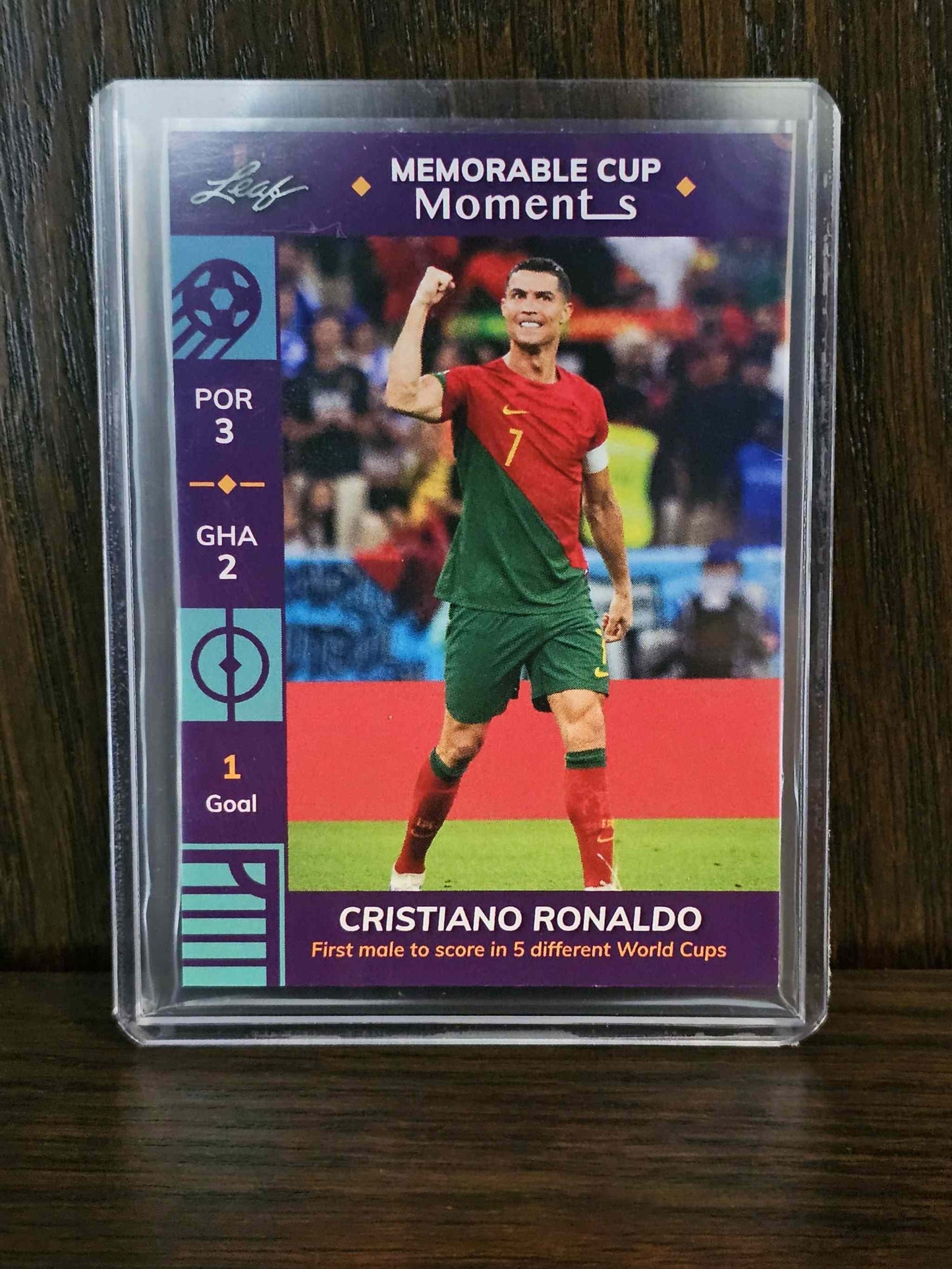 2022 Leaf Memorable Moments Cristiano Ronaldo card showcasing legendary soccer moments.