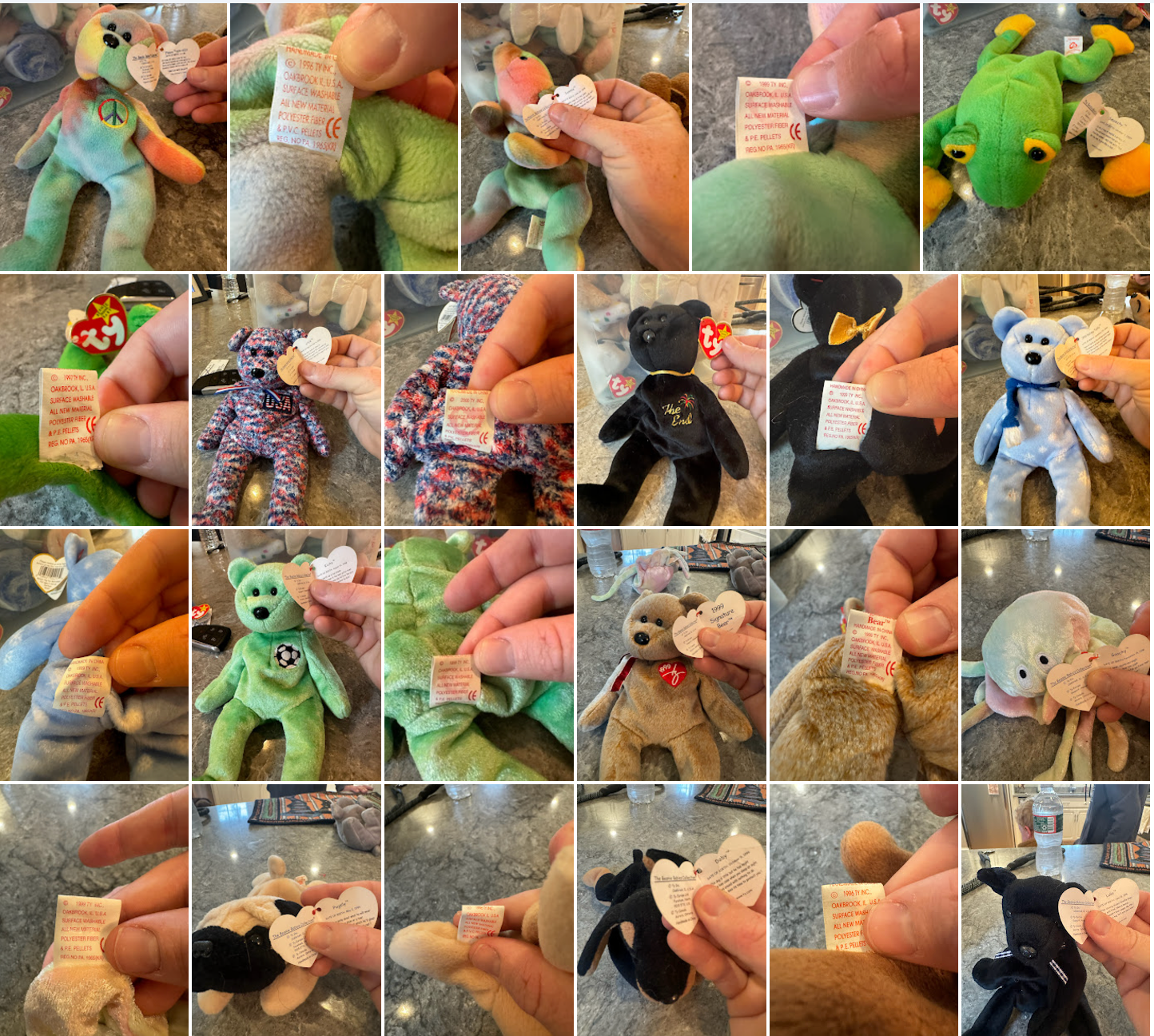 58 Beanie Babies with tags from 1990s-2000s collection displayed on a surface.