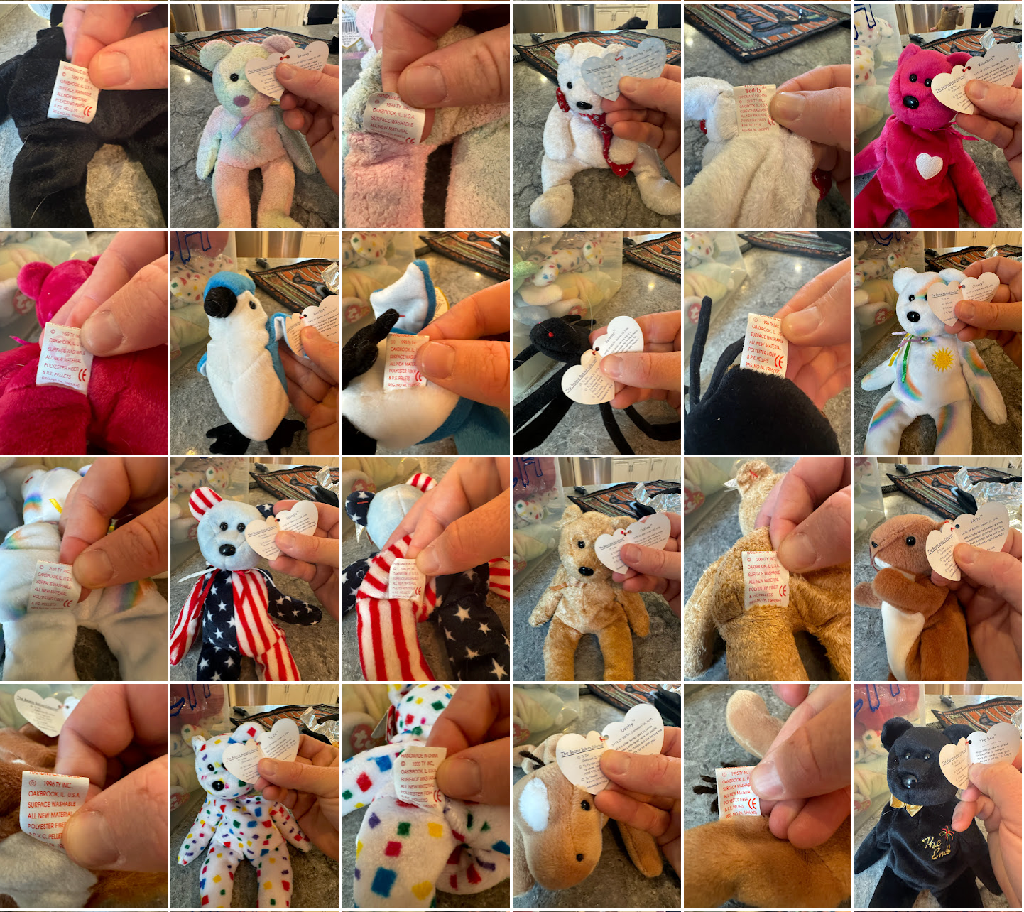 58 Beanie Babies with tags from the 1990s-2000s, including Y2k, USA, Peace, The End, Valentina, Millennium, Kicks.