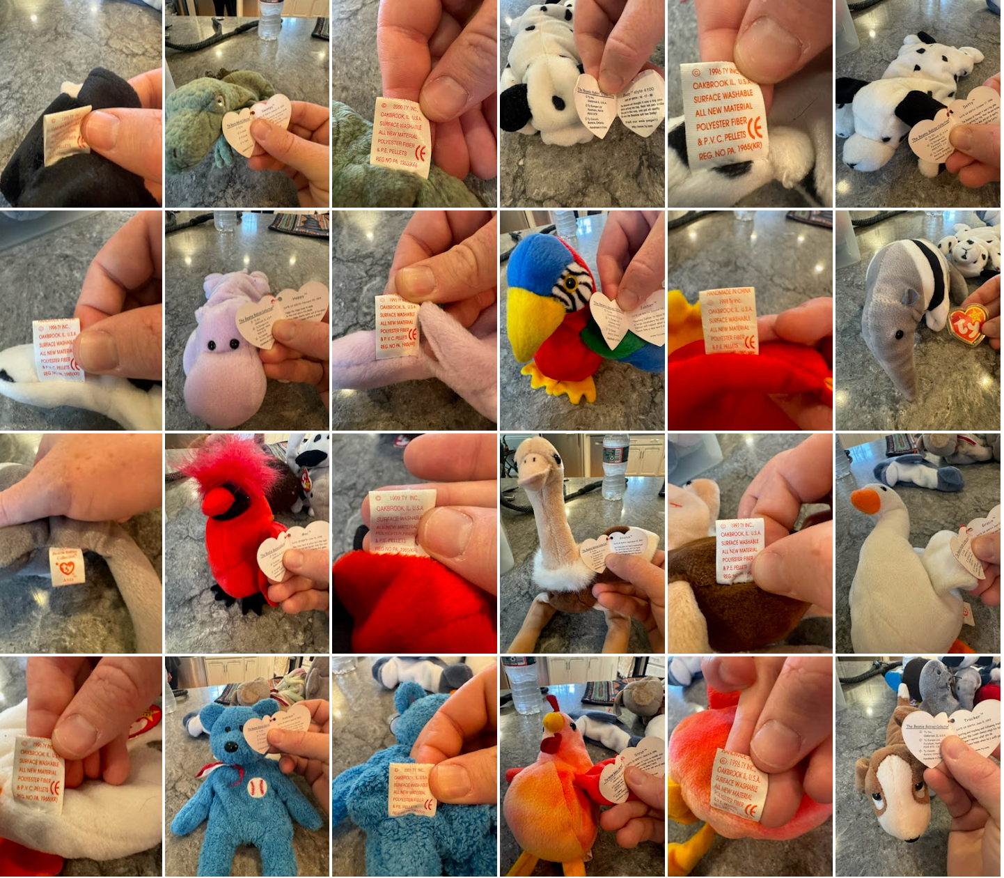 58 Beanie Babies with tags, 1990s-2000s collection, featuring popular designs like Y2k, USA, Peace, The End, Valentina, Millennium, and Kicks, perfect for collectors.