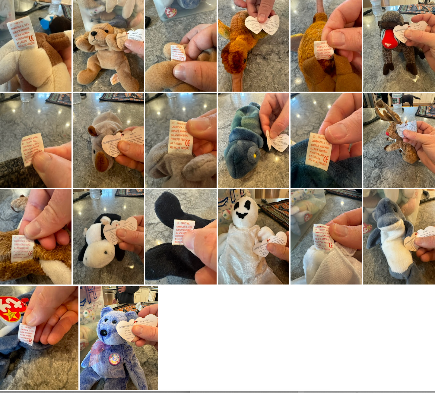 58 Beanie Babies with original tags from 1990s-2000s, featuring popular designs like Y2k, USA, and Peace, arranged on a tabletop.