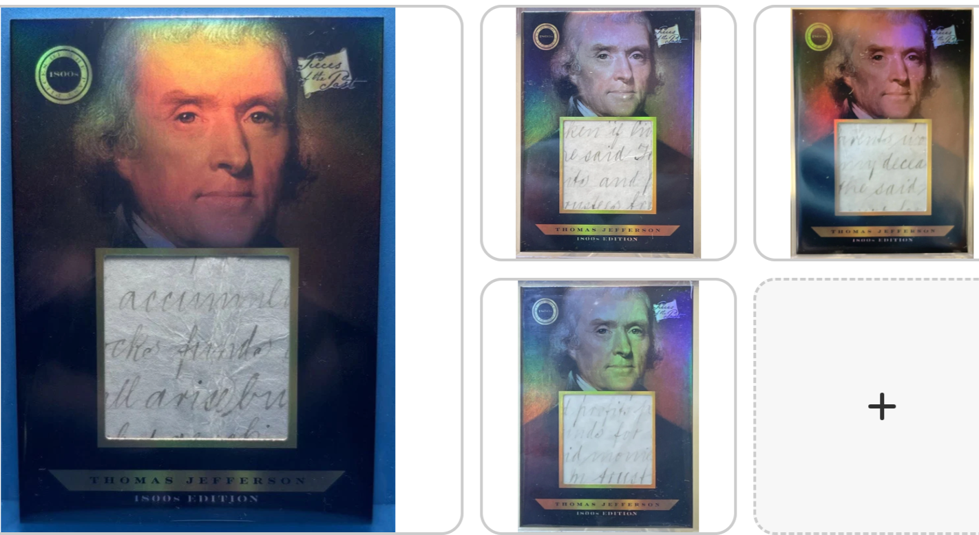 Thomas Jefferson Handwriting Relic Cards, 1800s Edition, authentic handwriting fragments, Pieces of the Past collection.