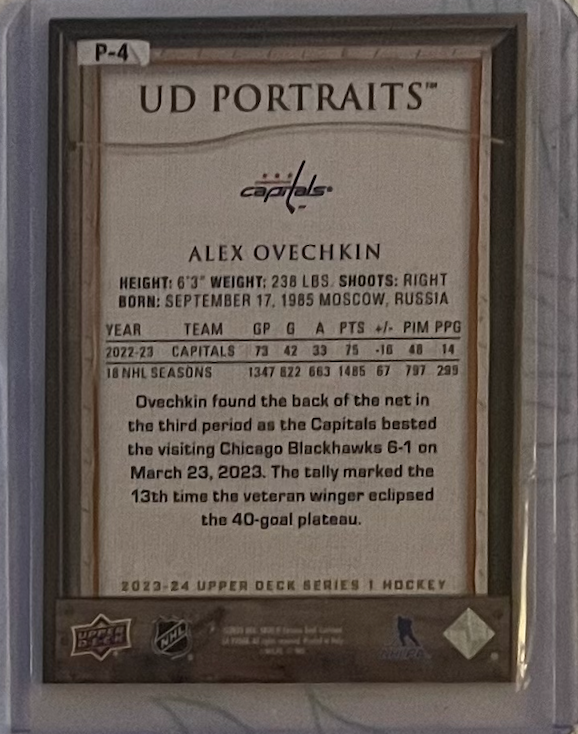 Alex Ovechkin “802 Goals” UD Portraits SP – Upper Deck Hockey – Iconic Framed Art Card