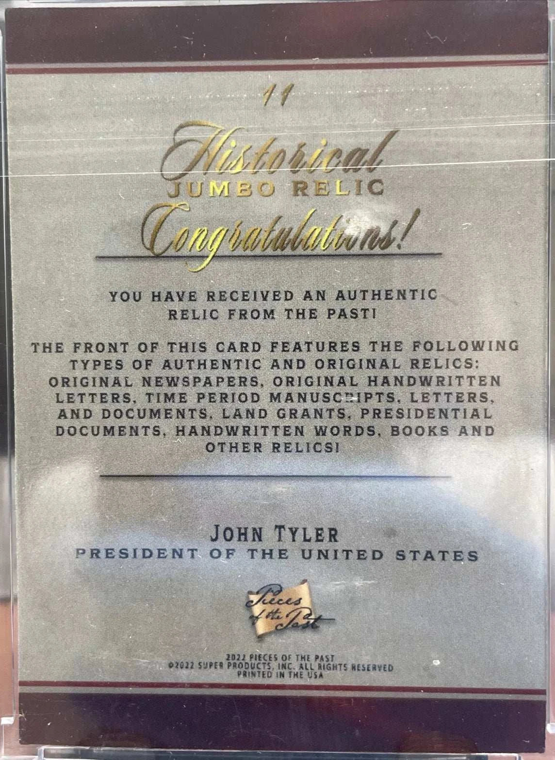 John Tyler Authentic Handwritten Relic – 10th U.S. President – Pieces of the Past Jumbo Card