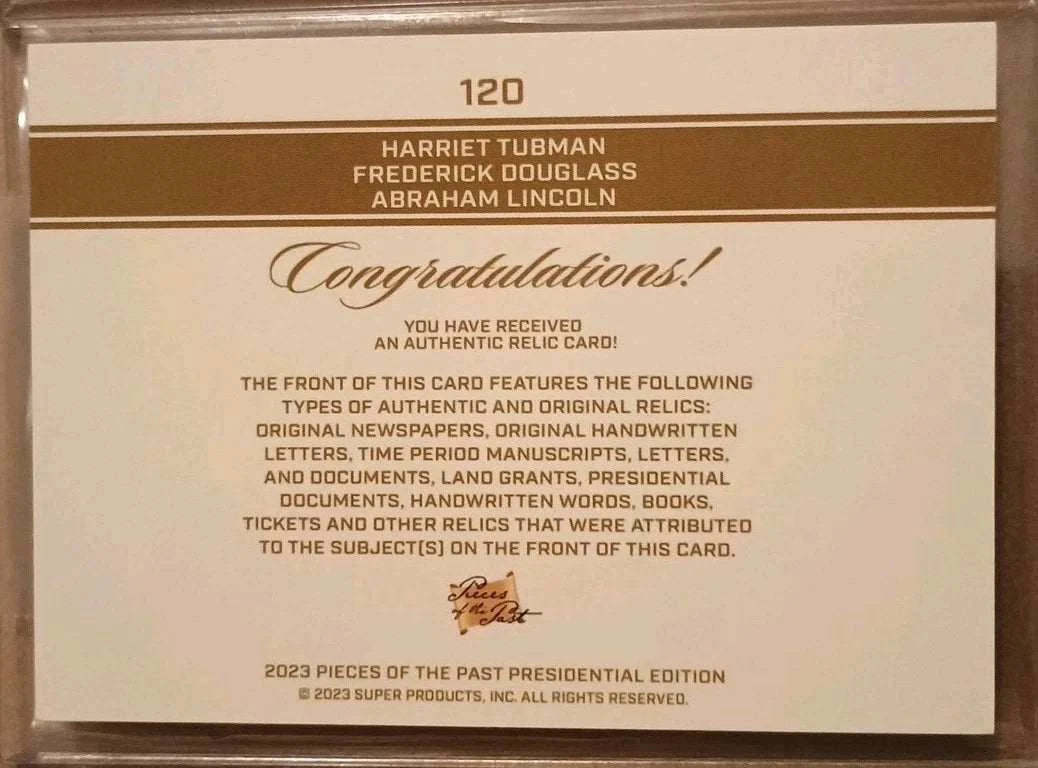 2022 Pieces of the Past “Freedom Triad” Triple Relic Card – Harriet Tubman, Frederick Douglass, Abraham Lincoln – American Icons