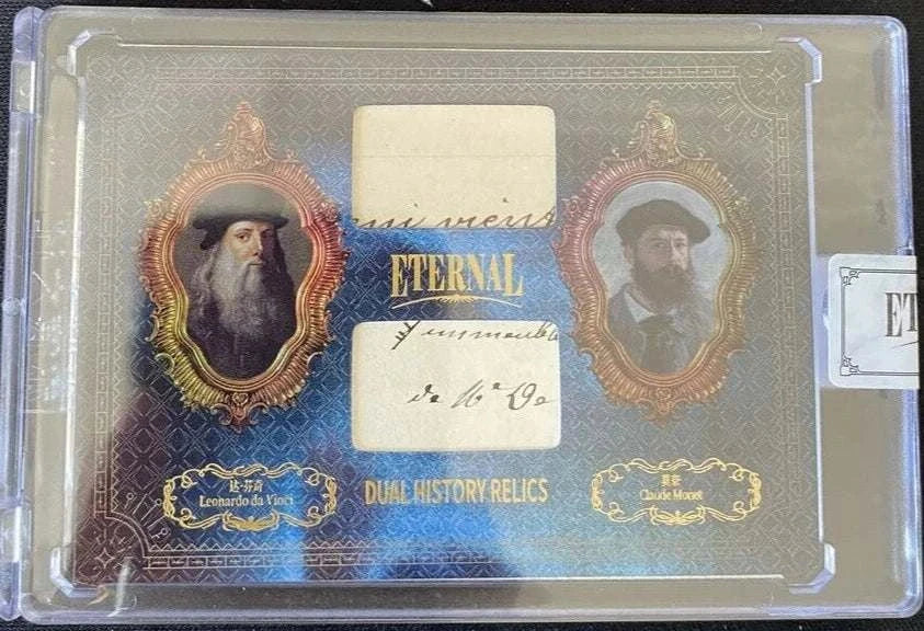 Eternal Dual History Relics card featuring authentic manuscript fragments from Leonardo da Vinci and Claude Monet in a protective gold-frame display.