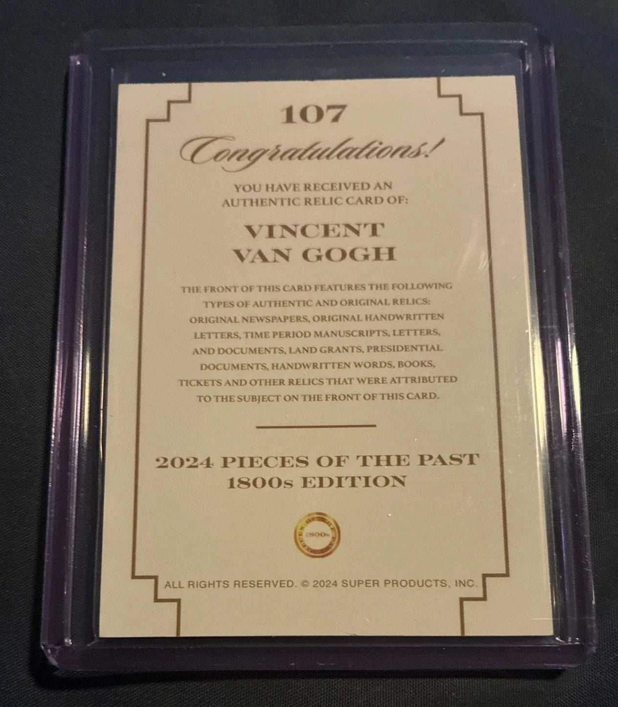 Authentic Vincent van Gogh relic card from 2024 Pieces of the Past 1800s Edition in protective case
