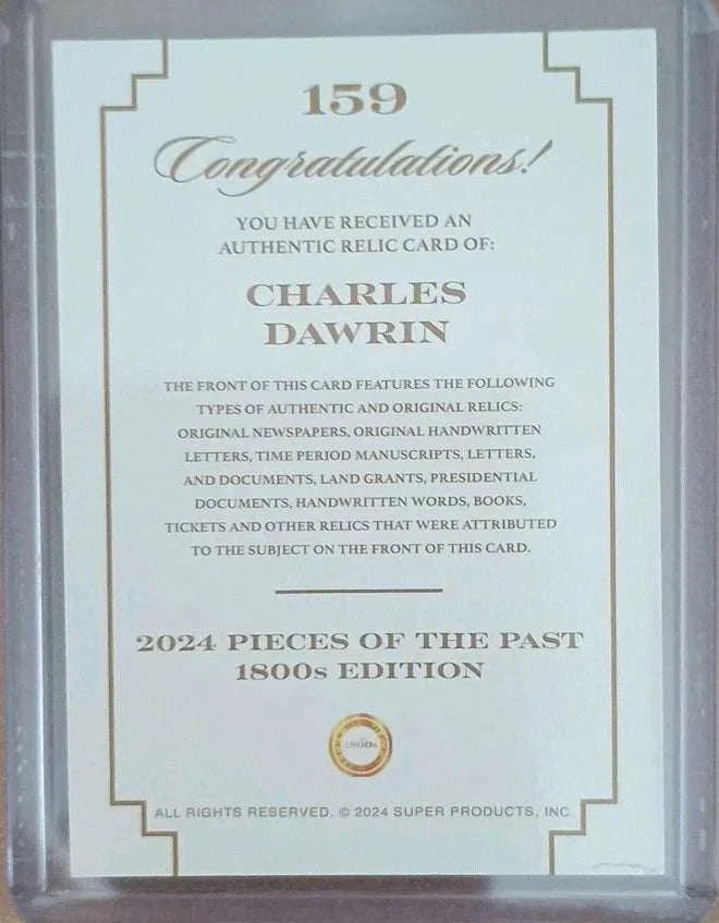 Charles Darwin authentic handwritten relic card from 1800s edition with vintage document excerpt and gold foil nameplate