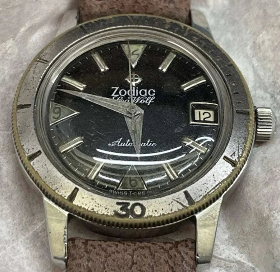 Vintage circa 1960s Zodiac Seawolf automatic watch with classic design.