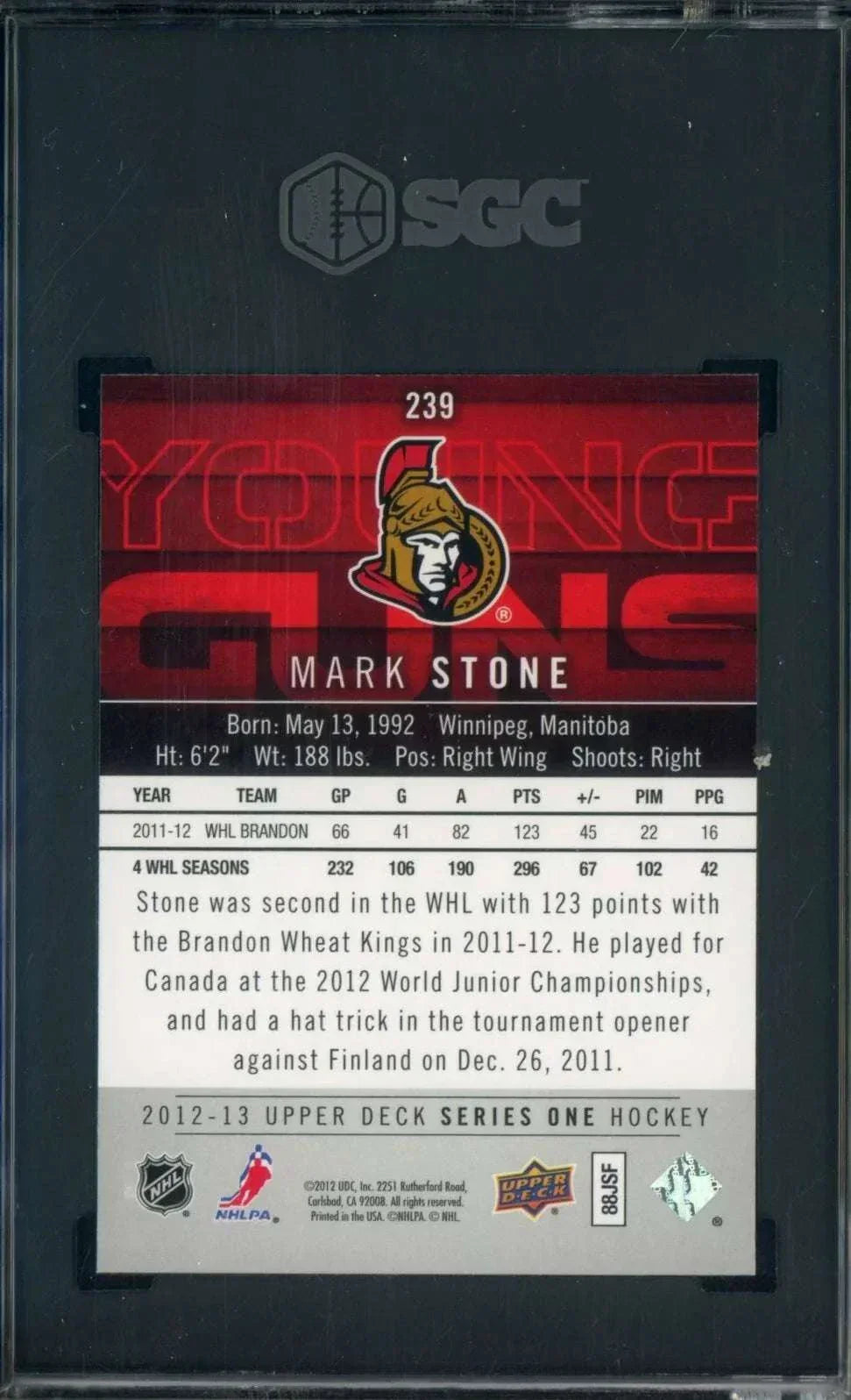 2012-13 Upper Deck Hockey Young Guns 239 Mark Stone Senators RC Rookie SGC 10