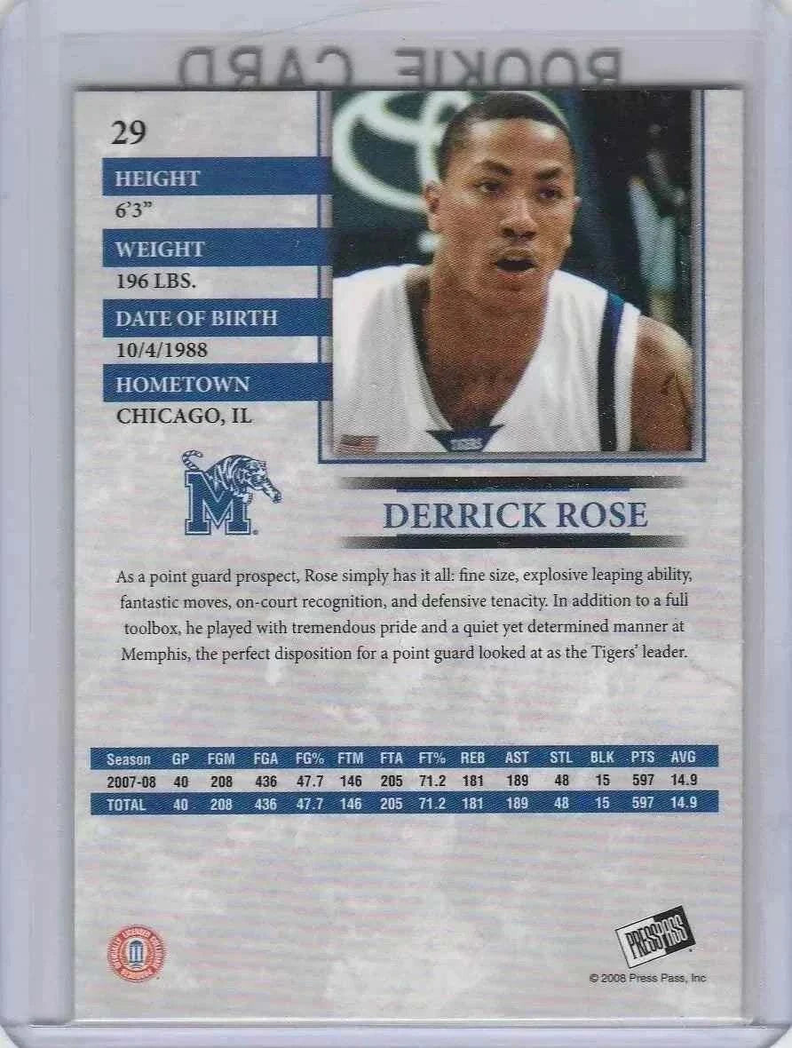 2008 Press Pass #29 Derrick Rose RC Rookie Memphis Tigers card featuring player stats and bio.