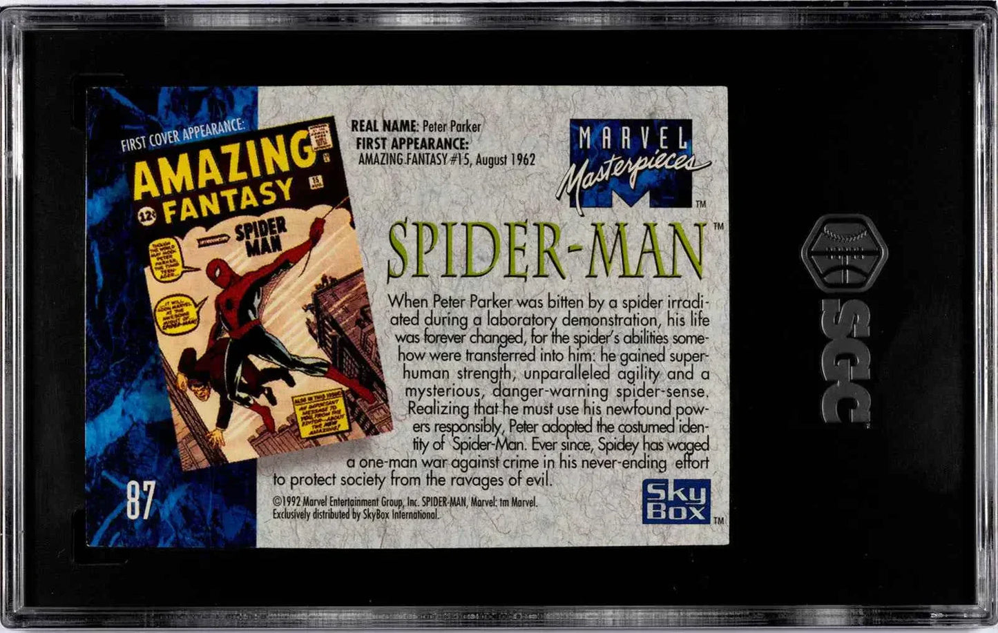 1992 Marvel Masterpieces Spider-Man trading card SGC 9.5 graded.
