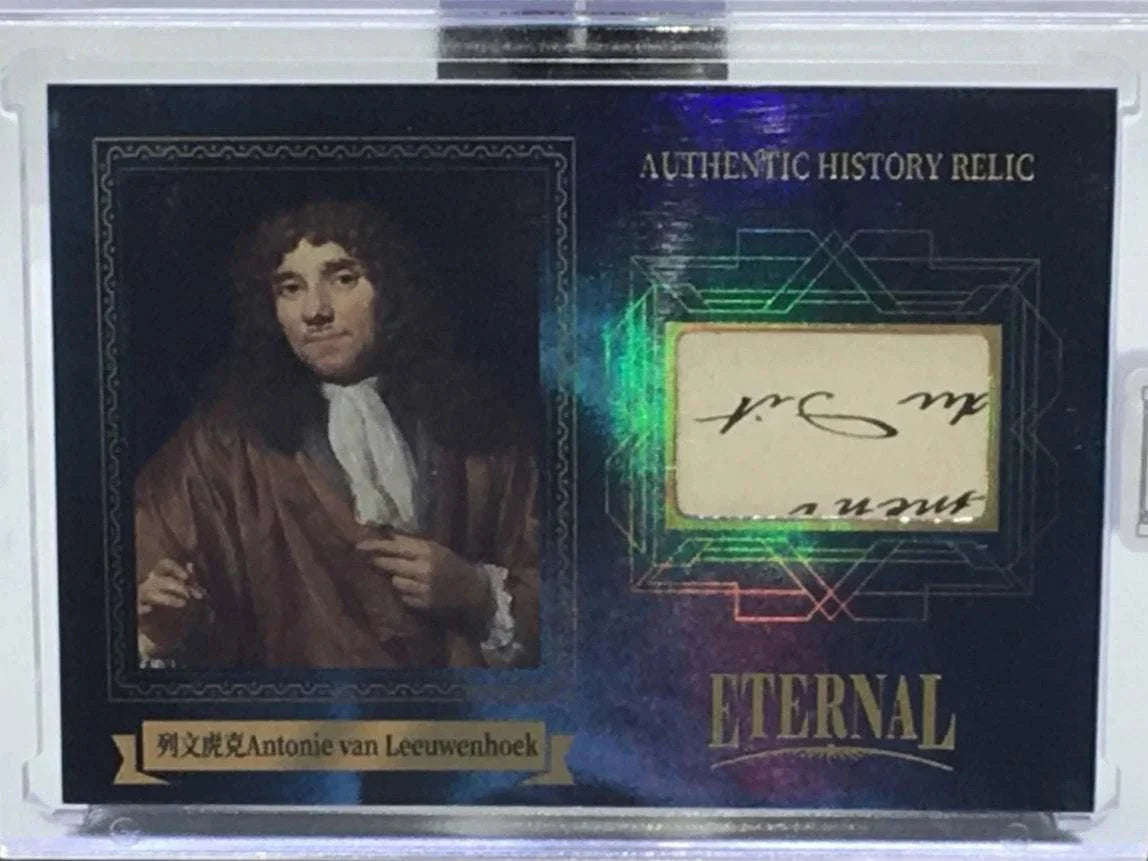 Antonie van Leeuwenhoek handwriting relic card from 2024 Eternal Cuts bundle, featuring authentic 17th-century script in a foil-accented design.