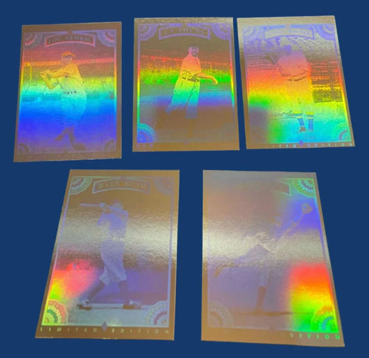 1992 Whitehall Prototypes Holograms Set of 5 featuring Ruth, Cobb, Gehrig, Wagner, and Young baseball legends.