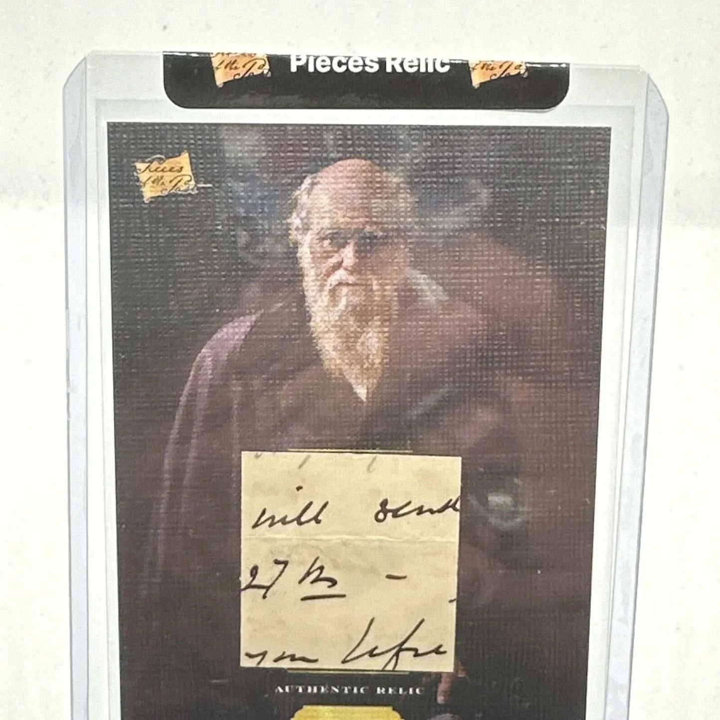 Charles Darwin handwritten fragment relic card with portrait, featuring "will send" text, sealed in acrylic.