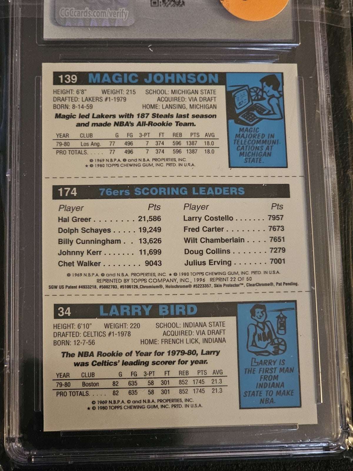 1996-97 Topps Chrome Finest Reprint Rookie Larry Bird Erving Magic Johnson CGC 7