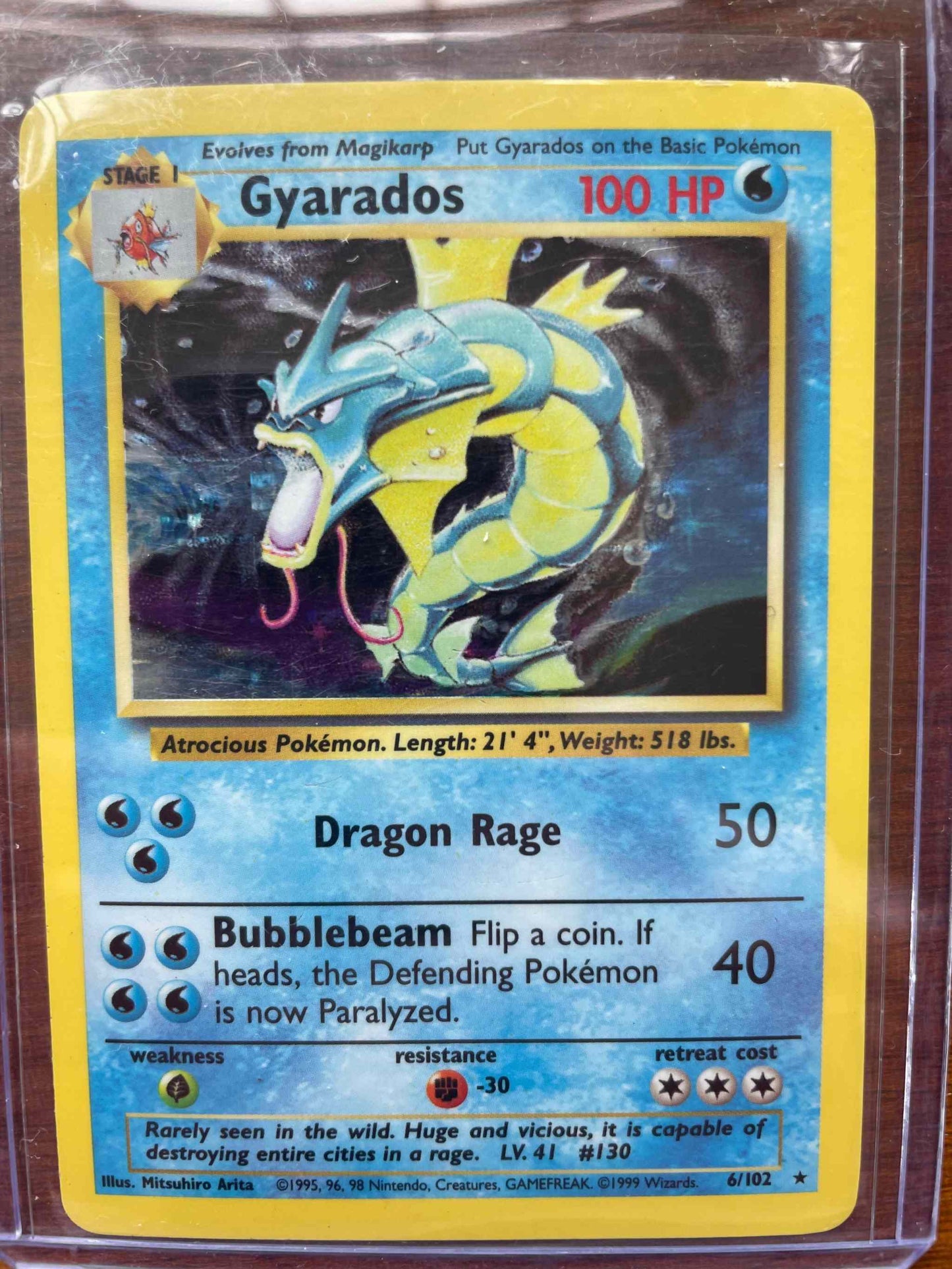 Base Set #006/102 Gyarados Pokemon card, iconic water-type collectible.
