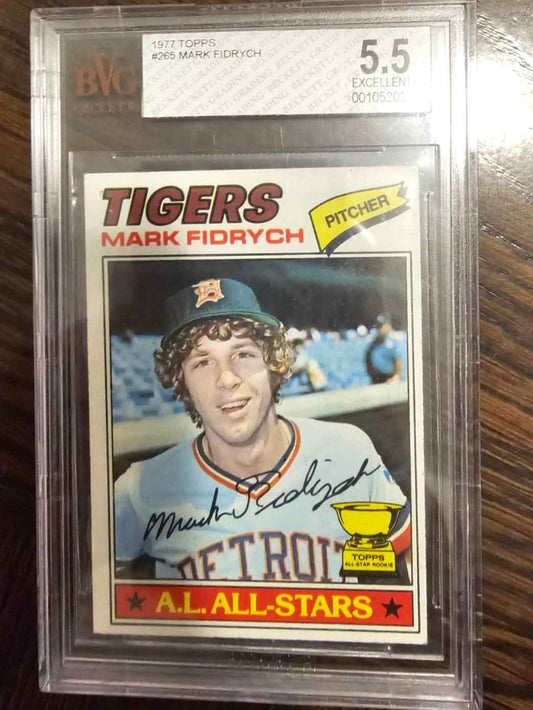 1977 Topps #265 Mark Fidrych All-Star Rookie card, graded BVG 5.5, Tigers pitcher.