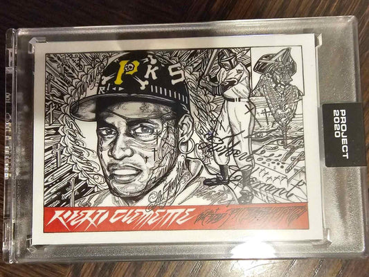 Topps Project 2020 Roberto Clemente rookie card by JK5 with artistic design in protective case.