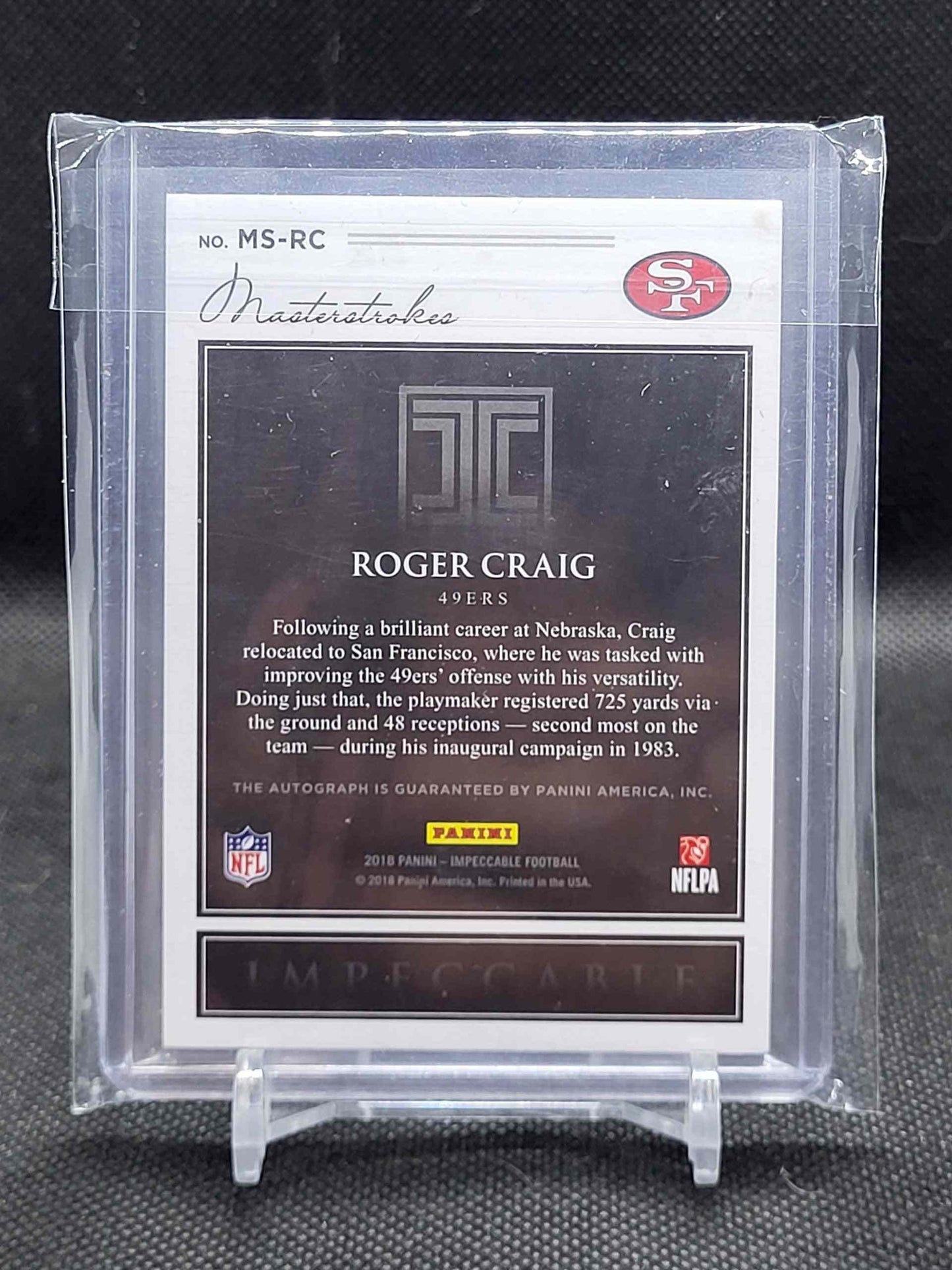 2018 Panini Impeccable Rookie Autographs Roger Craig Masterstrokes #49 football card.