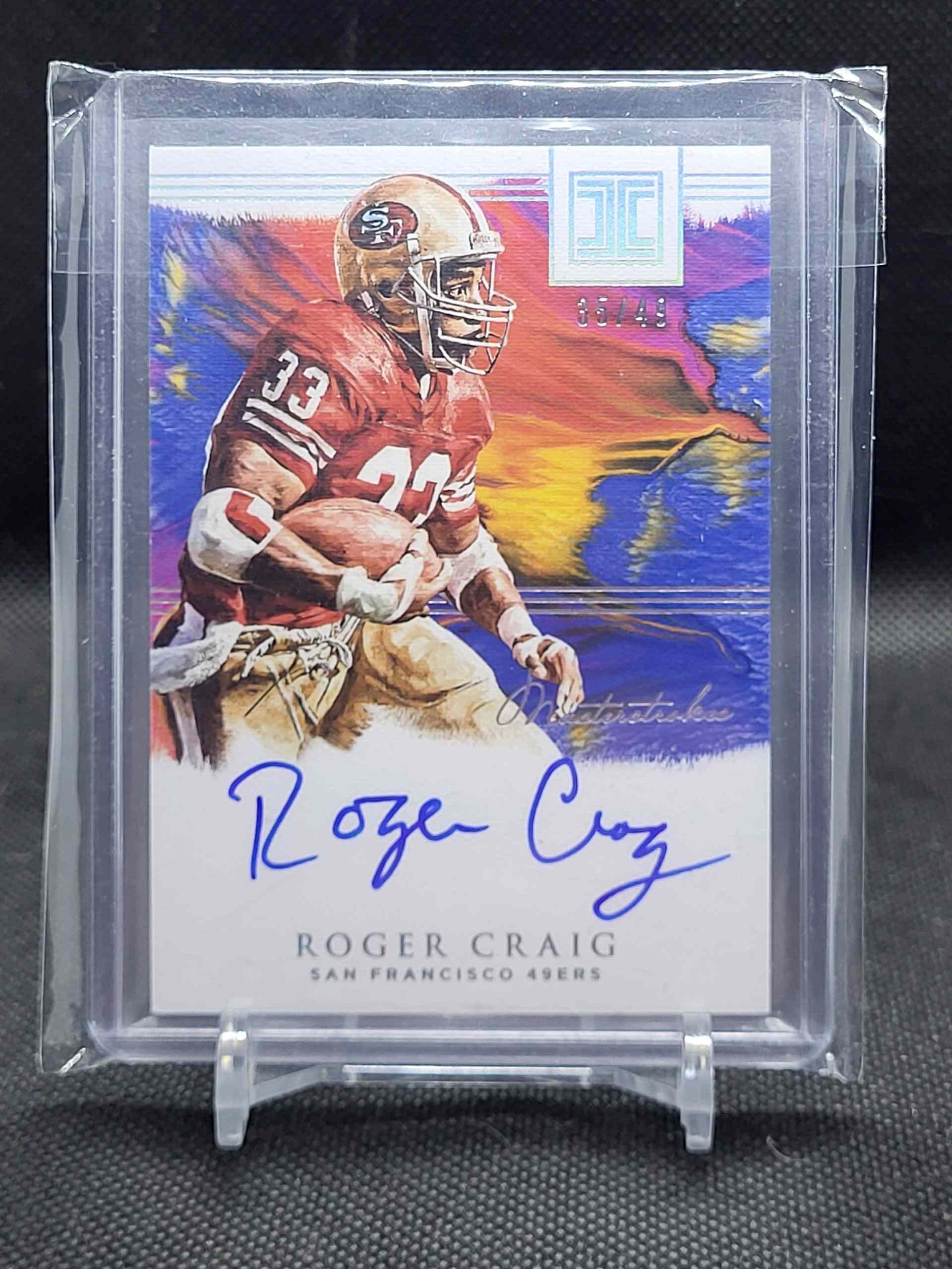 2018 Panini Impeccable Rookie Autographs Roger Craig Masterstrokes card #49 with San Francisco 49ers design.