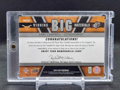 2014 SPx #WB-EC Earl Campbell Winning Big Materials football memorabilia card in plastic case.