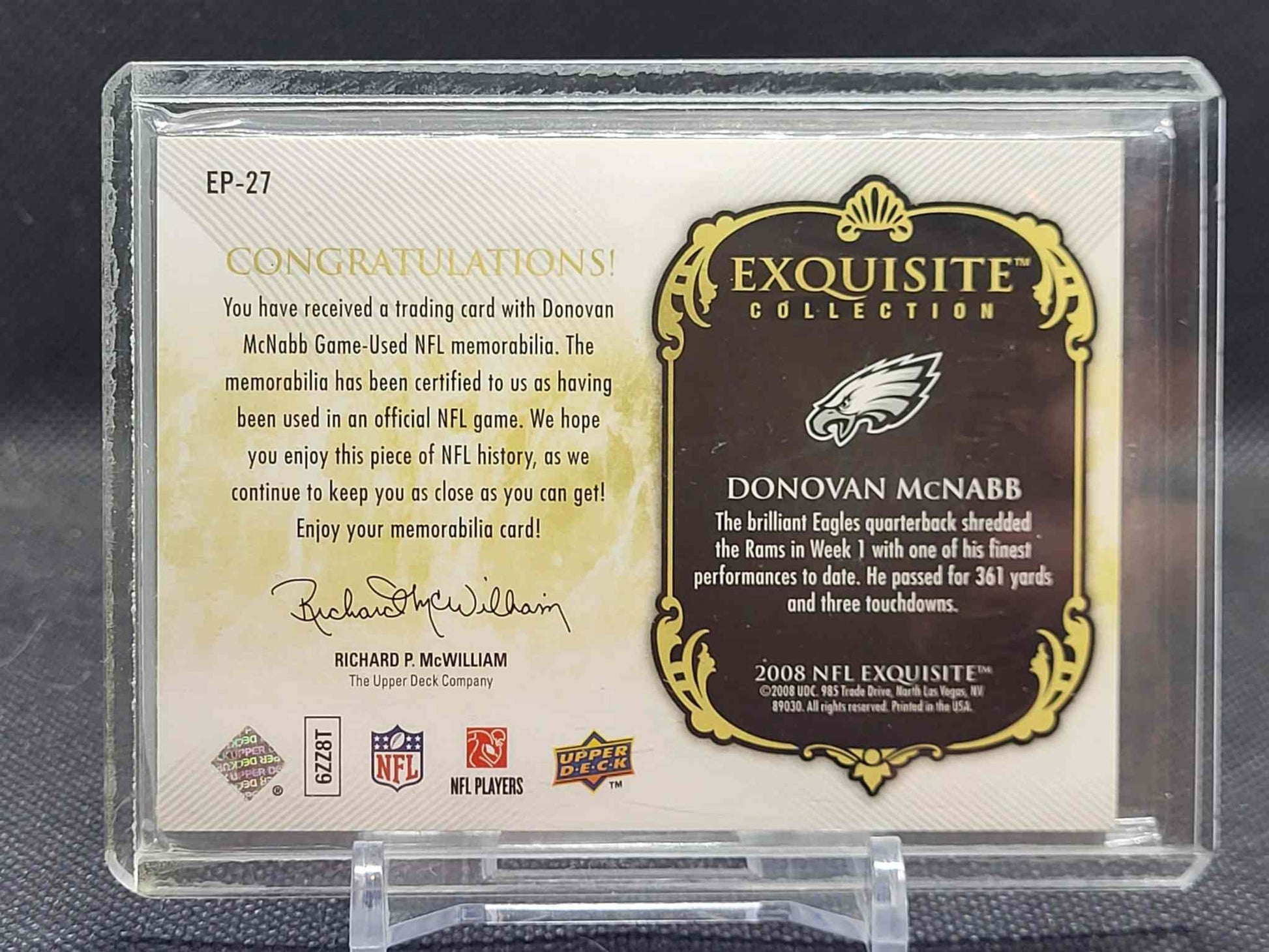 2008 Upper Deck Exquisite Collection EP-27 Donovan McNabb Patch Duals card #/50
