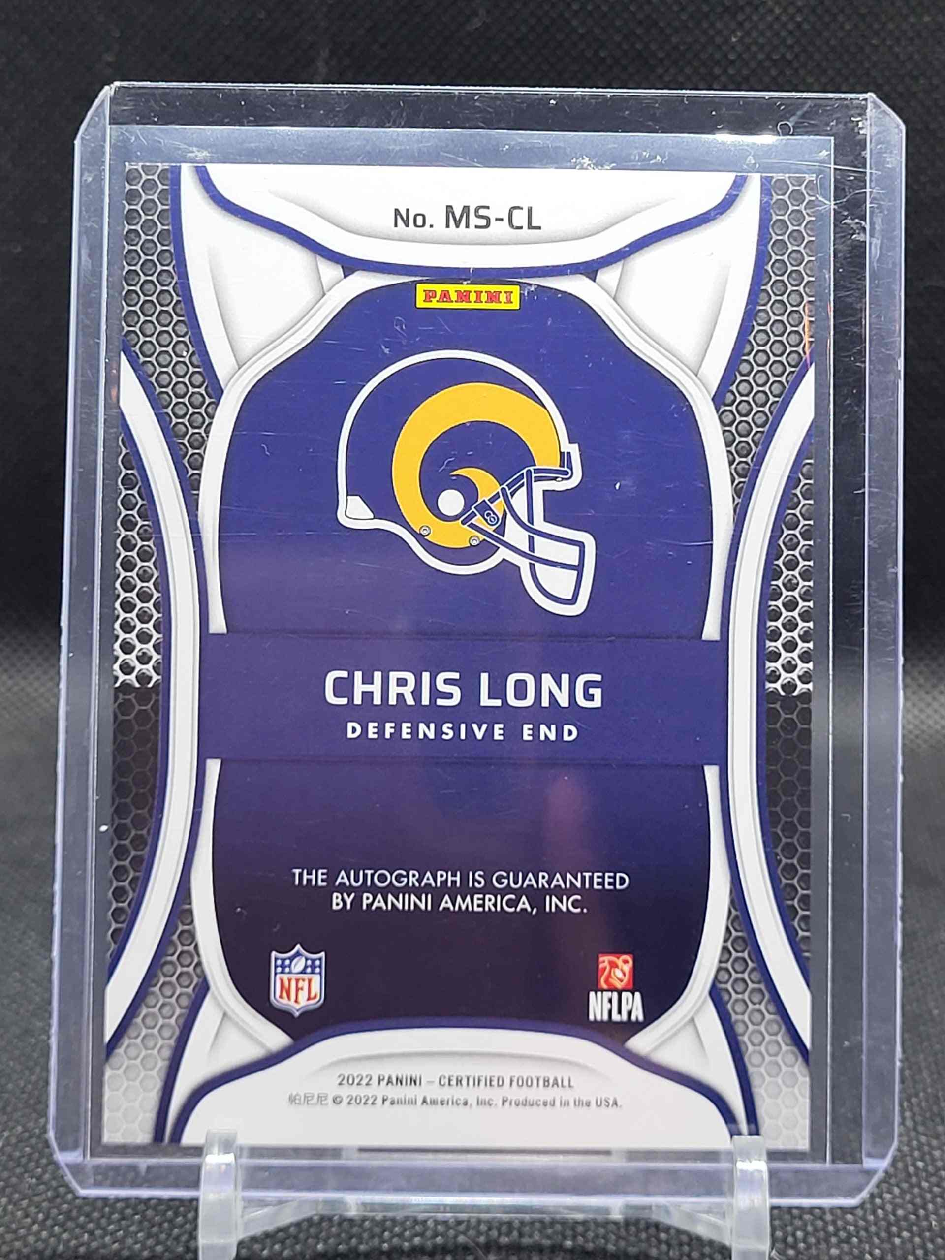 2022 Panini Certified Chris Long Mirror Signatures Purple Card, St. Louis Rams Design