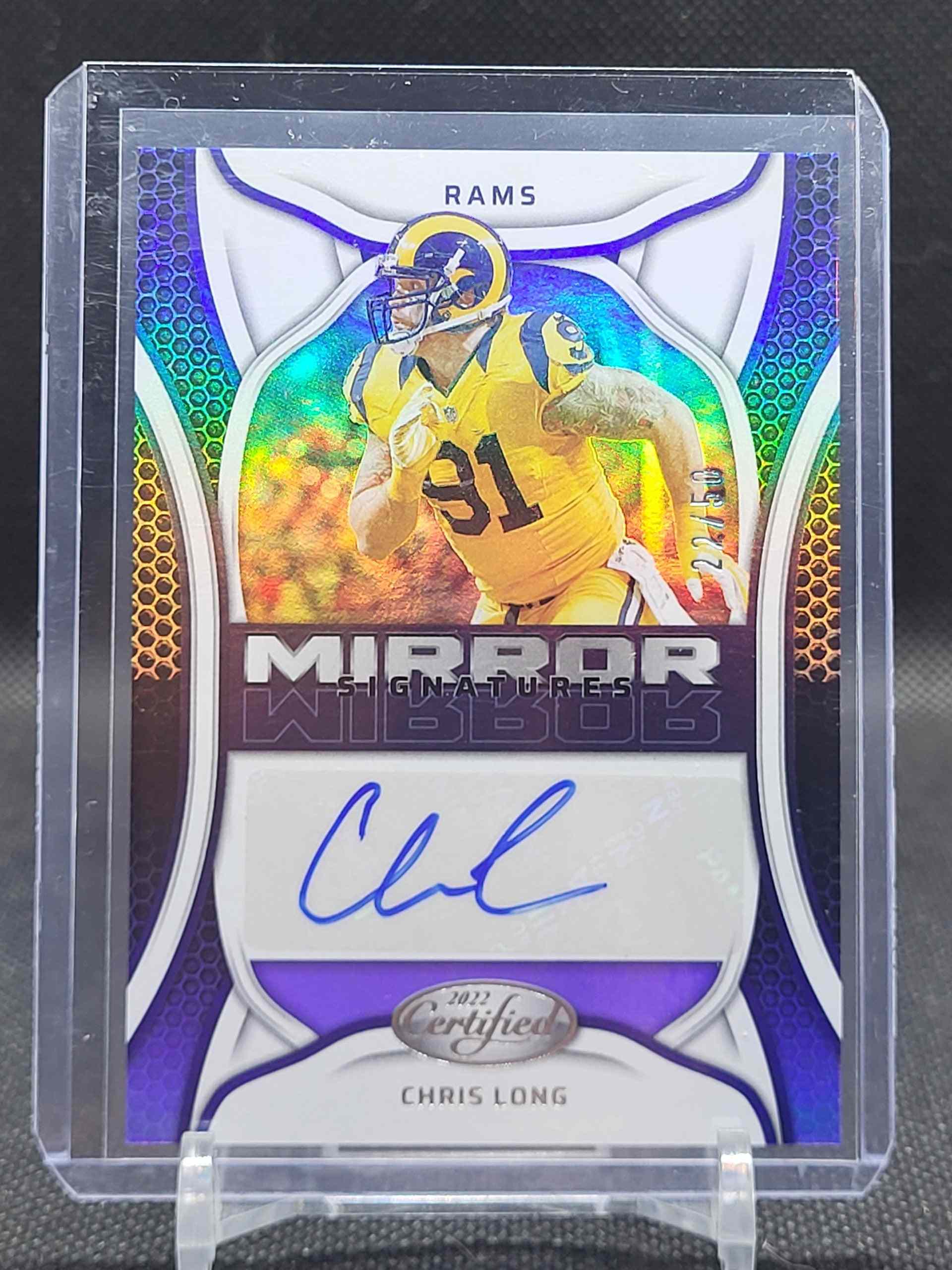 2022 Panini Certified Chris Long Signatures Purple trading card.