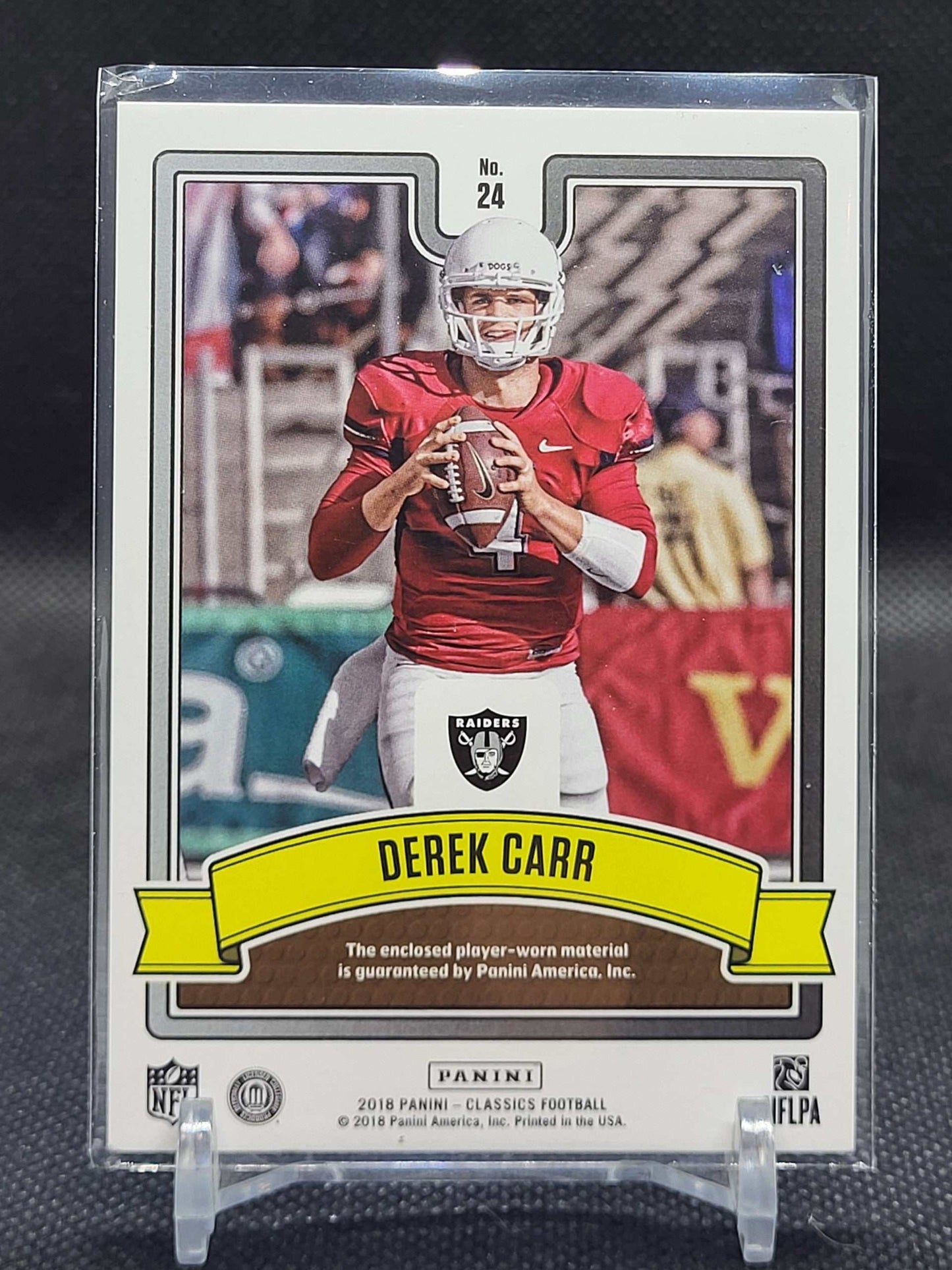 2018 Panini Classics #24 Derek Carr Saturday Swatches sports card.