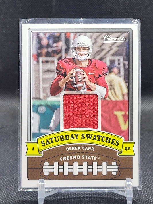 2018 Panini Classics #24 Derek Carr Saturday Swatches sports card featuring Fresno State Bulldogs.