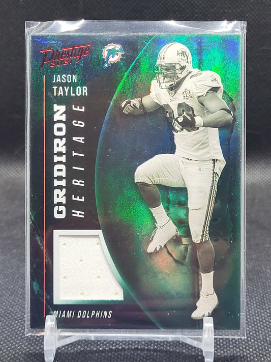 2021 Panini Prestige #GH-JT Jason Taylor Gridiron Heritage card featuring Miami Dolphins design.