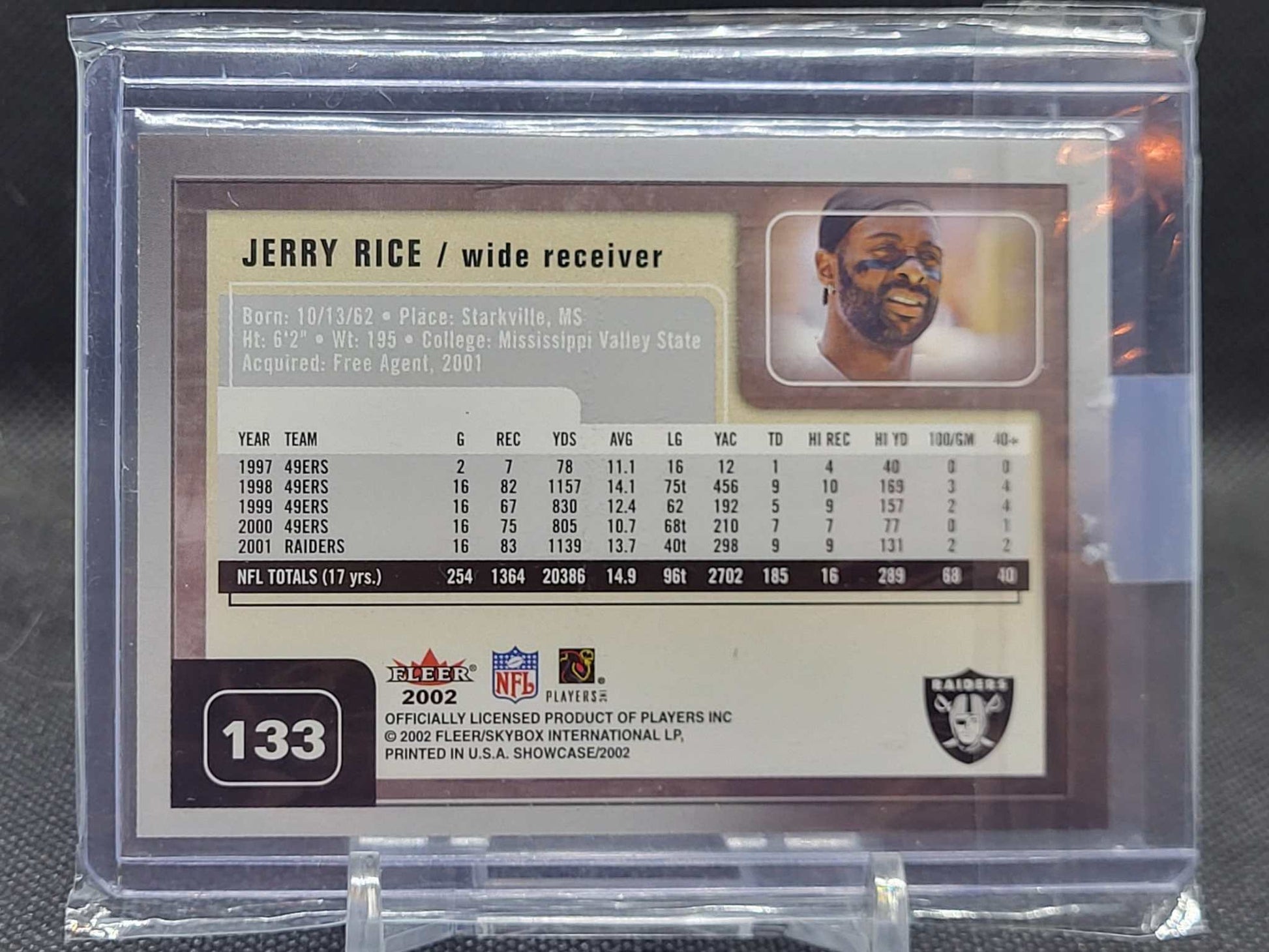 2002 Fleer Showcase Jerry Rice #133 football card, Oakland Raiders stats.