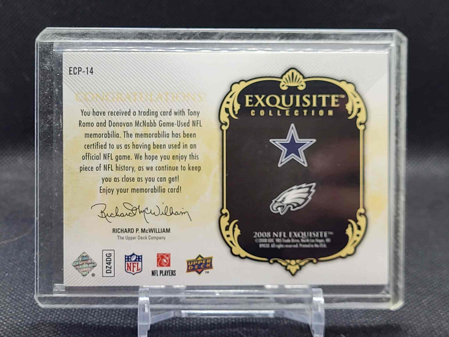 2008 Upper Deck Exquisite Collection Romo McNabb Patch Combos card with NFL logos.