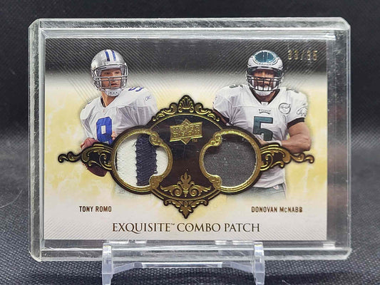 2008 Upper Deck Exquisite Collection #ECP-14 Romo / McNabb Patch Combos card featuring Tony Romo and Donovan McNabb patches.