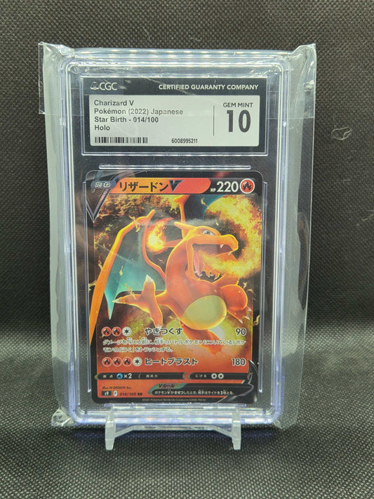 2022 Pokémon Japanese Charizard V holo trading card, red and orange with fiery artwork, graded CGC 10 GEM MINT in a clear protective case