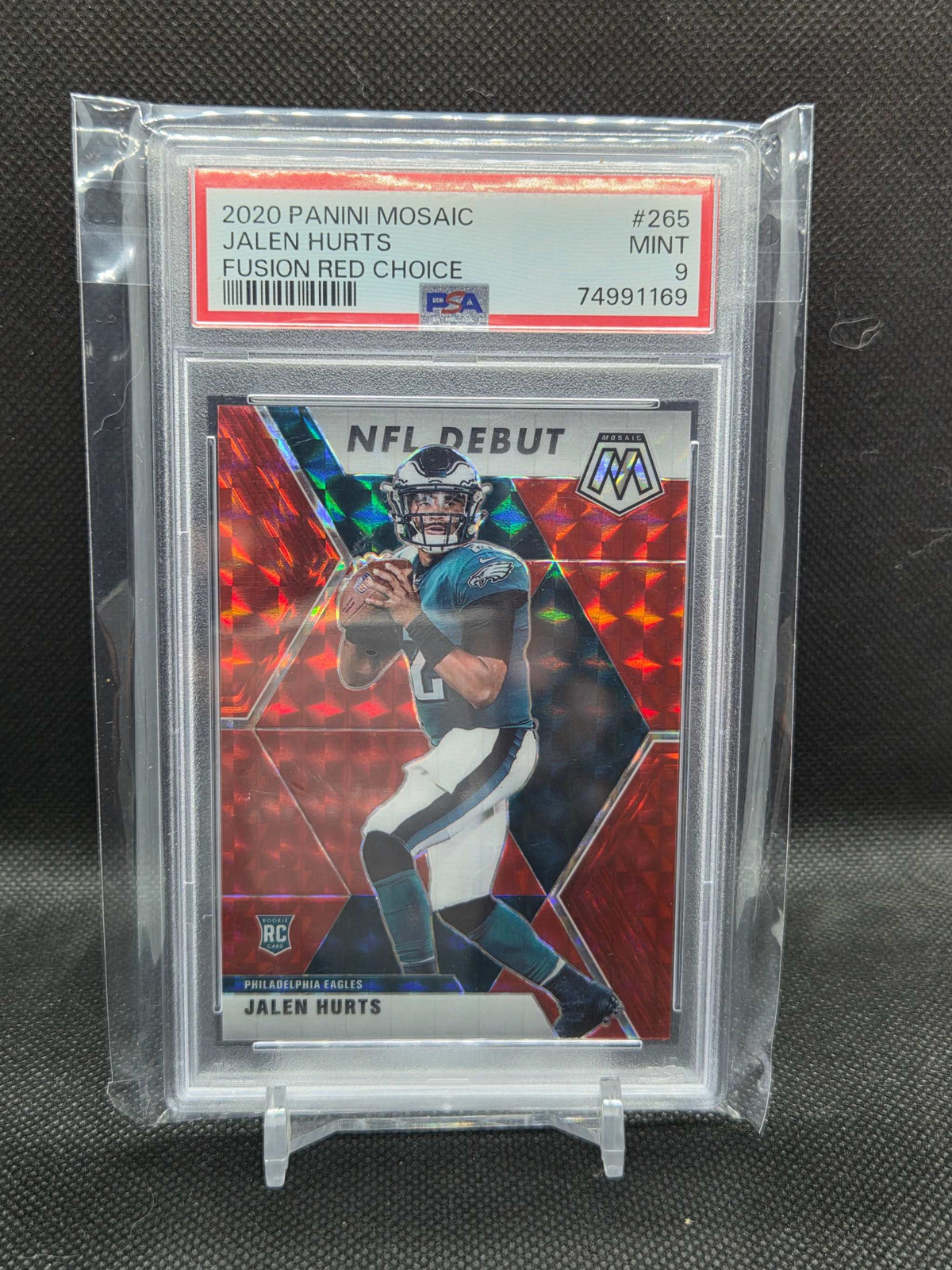 2020 Panini Mosaic football card featuring Jalen Hurts in Philadelphia Eagles uniform with red and silver holographic pattern graded PSA 9 Mint