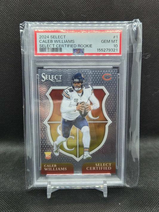 2024 Panini Select Caleb Williams Select Certified rookie card in a PSA 10 GEM MINT slab, shield design and Bears colors