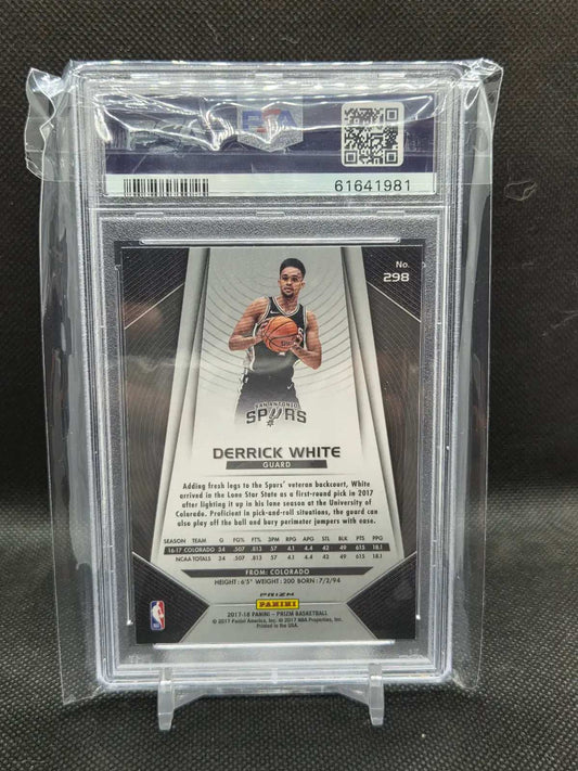 Back of 2017-18 Panini Prizm Derrick White Green Prizm rookie card #298 showing the card back and San Antonio Spurs team details, in the PSA holder