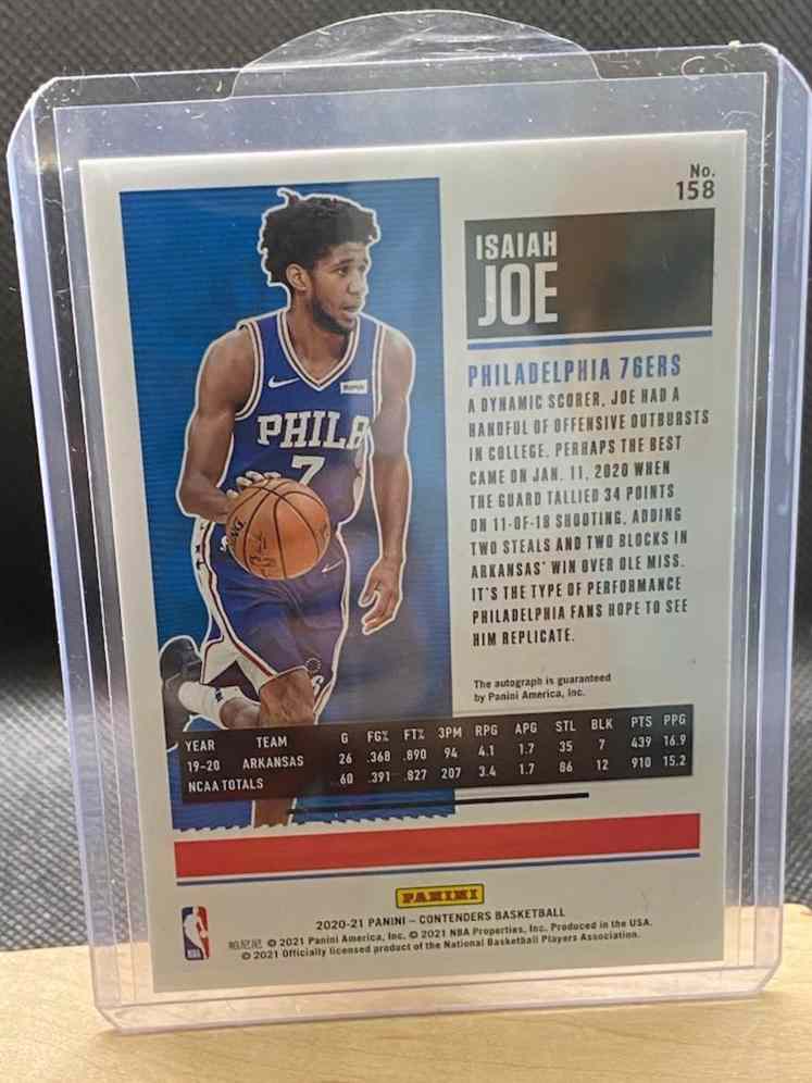 2020-21 Panini Contenders #158 Isaiah Joe basketball card showcasing Philadelphia 76ers player.