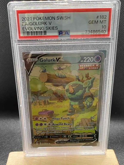 Evolving Skies #182/203 Golurk V Alternate Full Art card, PSA 10 graded collectible.