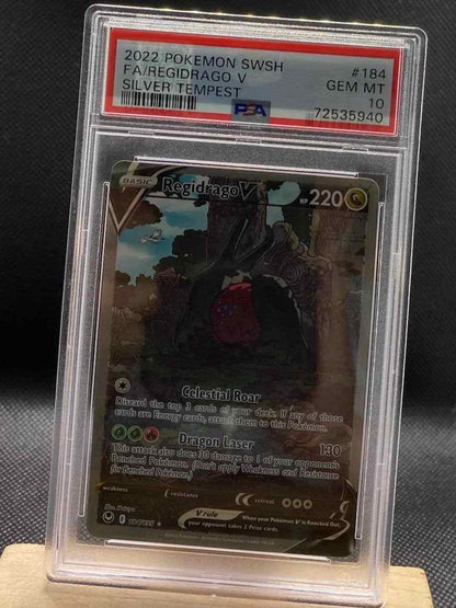 PSA 10 Silver Tempest #184/195 Regidrago V Alternate Full Art card with silver accents.