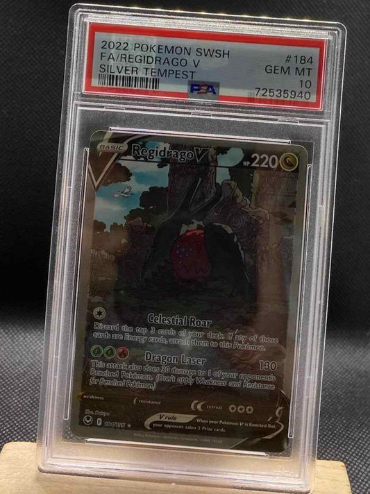 PSA 10 Silver Tempest #184/195 Regidrago V Alternate Full Art card with silver accents.